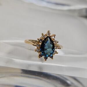Vintage Pear Cut Faux Sapphire Cocktail Ring - Tiered Halo Statement Ring